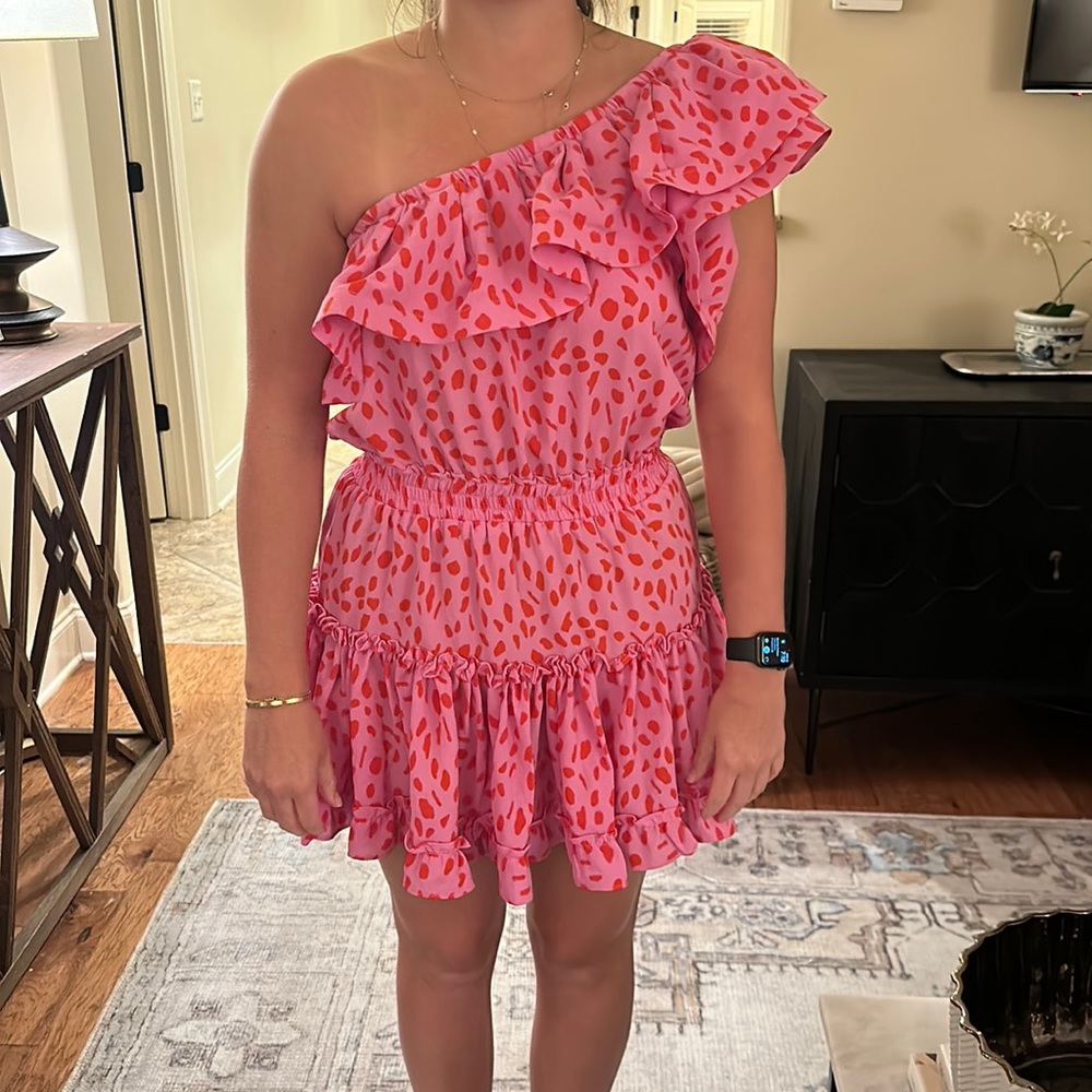 NWT. Buddy Love pink and red one shoulder ruffled dress